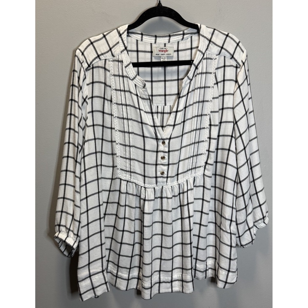 Wrangler Shirt Women's Size XXL Black‎ White Checks Pleats Flannel Feel Blouse